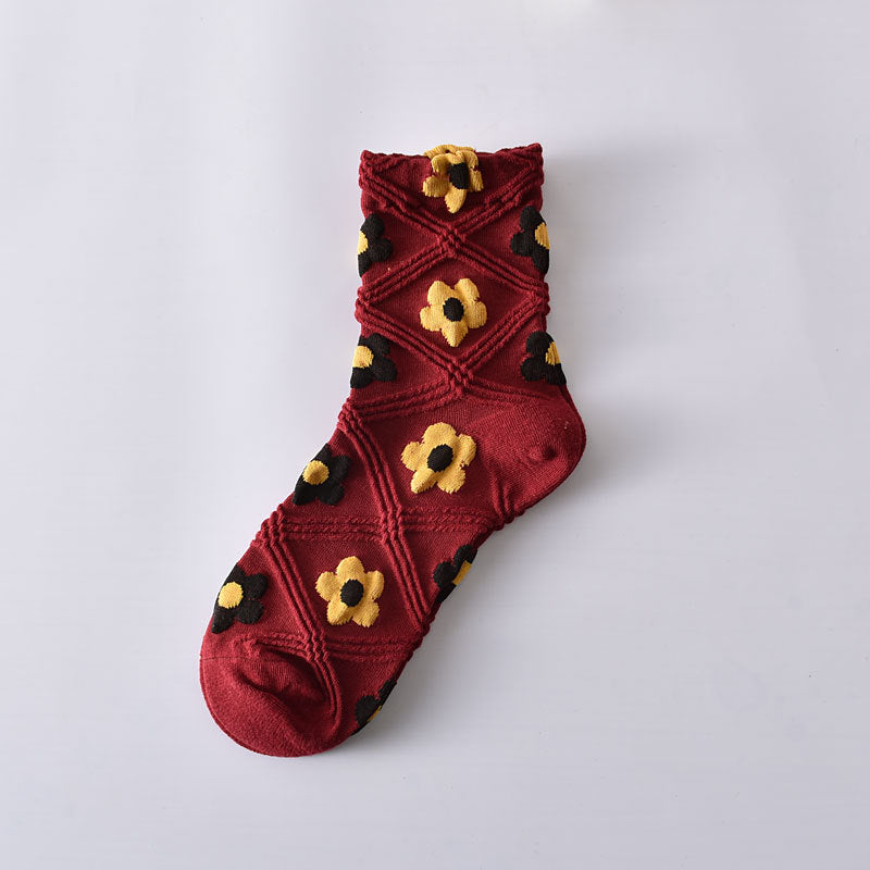 5-Pack Cute Floral Socks: Soft Knitted Cotton Elegance for Women