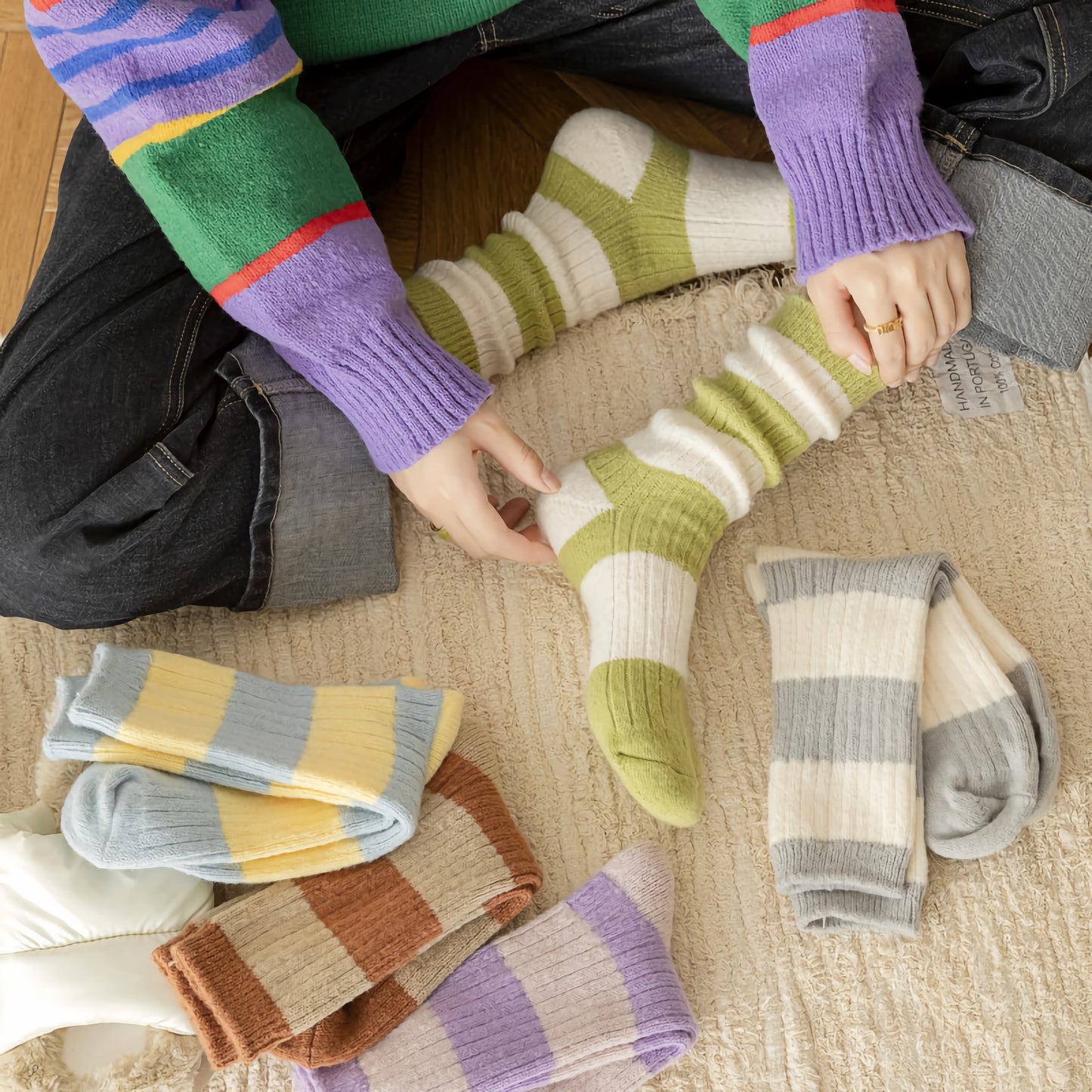 2-Pack Striped Warm Socks: Cozy Knitted Wool Crew Comfort