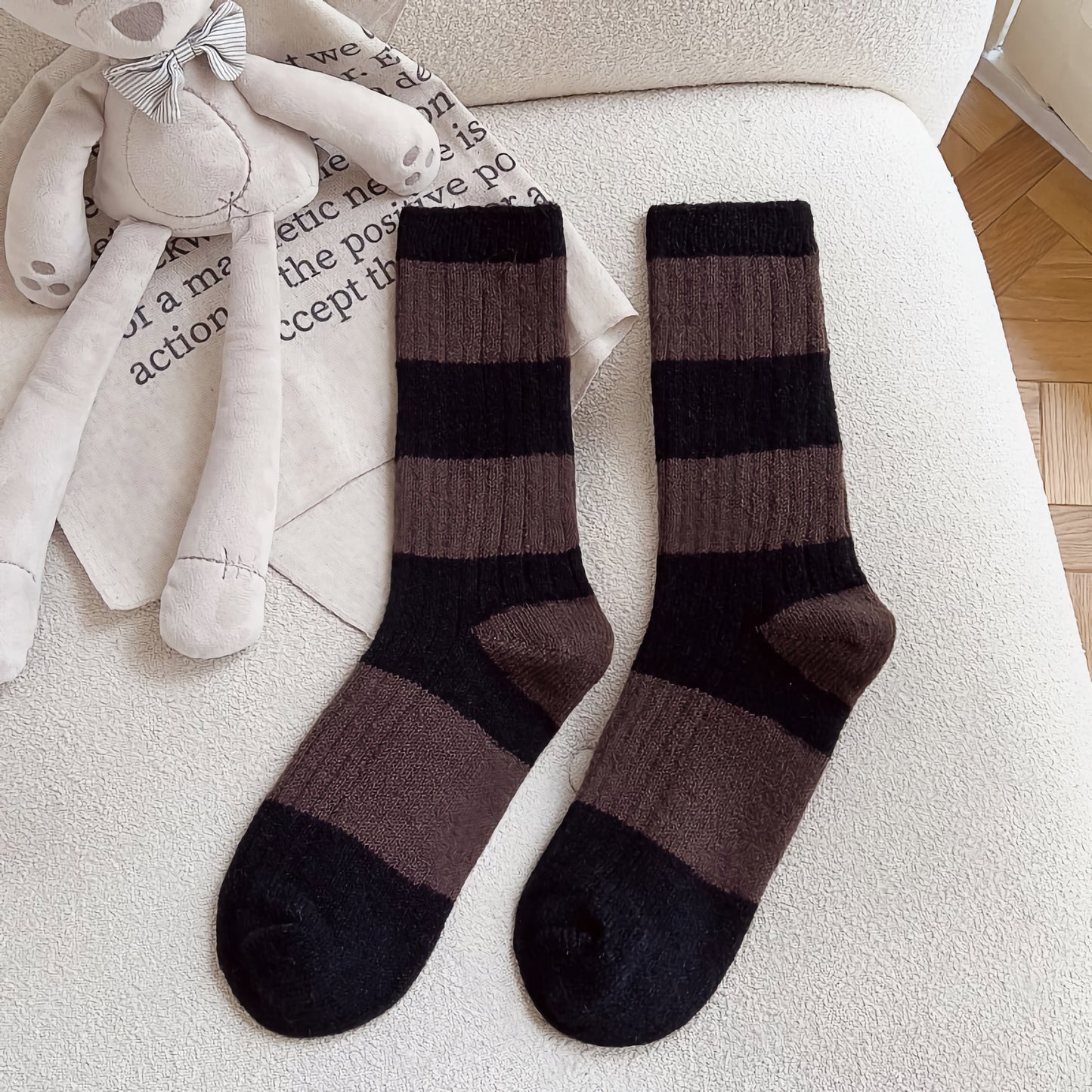 2-Pack Striped Warm Socks: Cozy Knitted Wool Crew Comfort