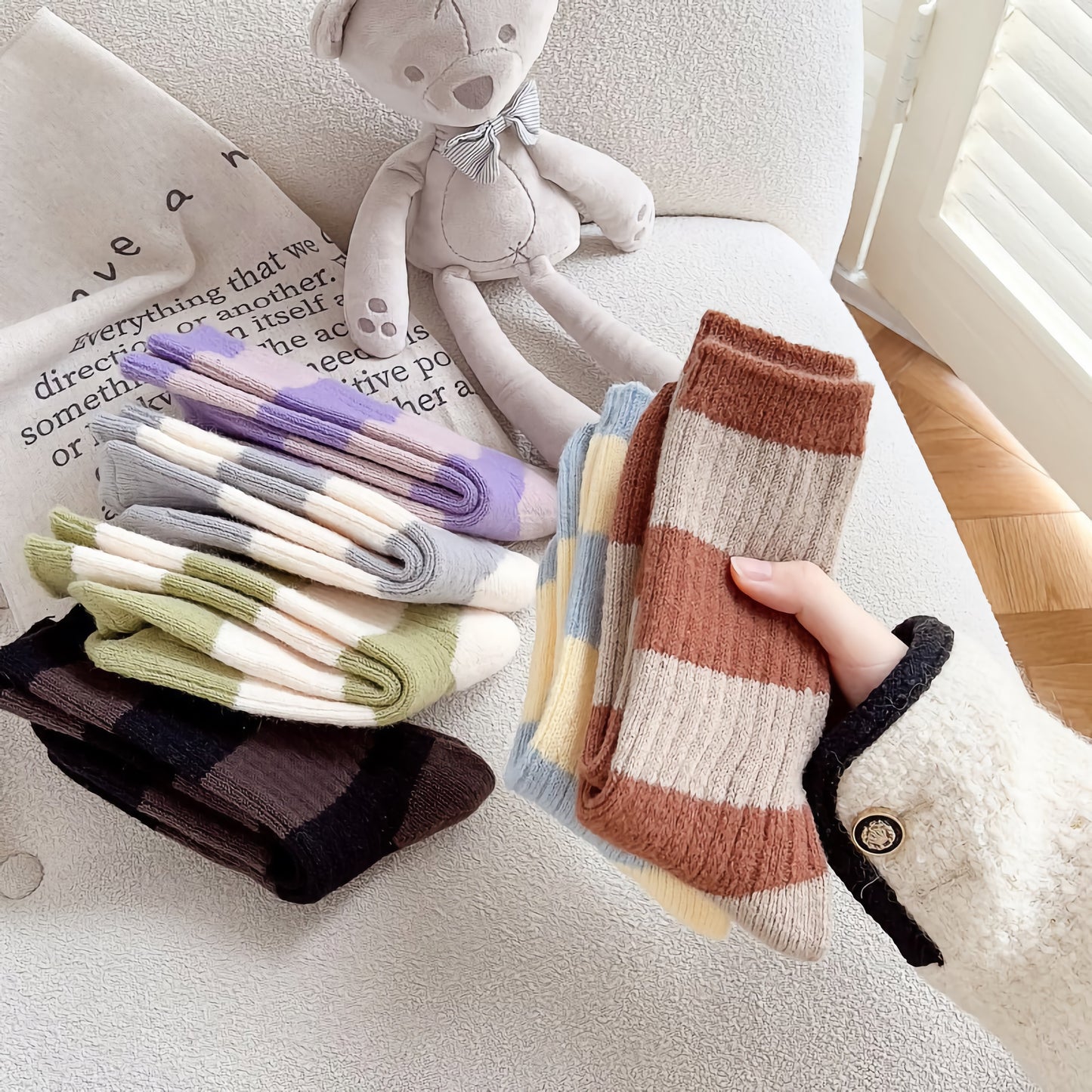 2-Pack Striped Warm Socks: Cozy Knitted Wool Crew Comfort