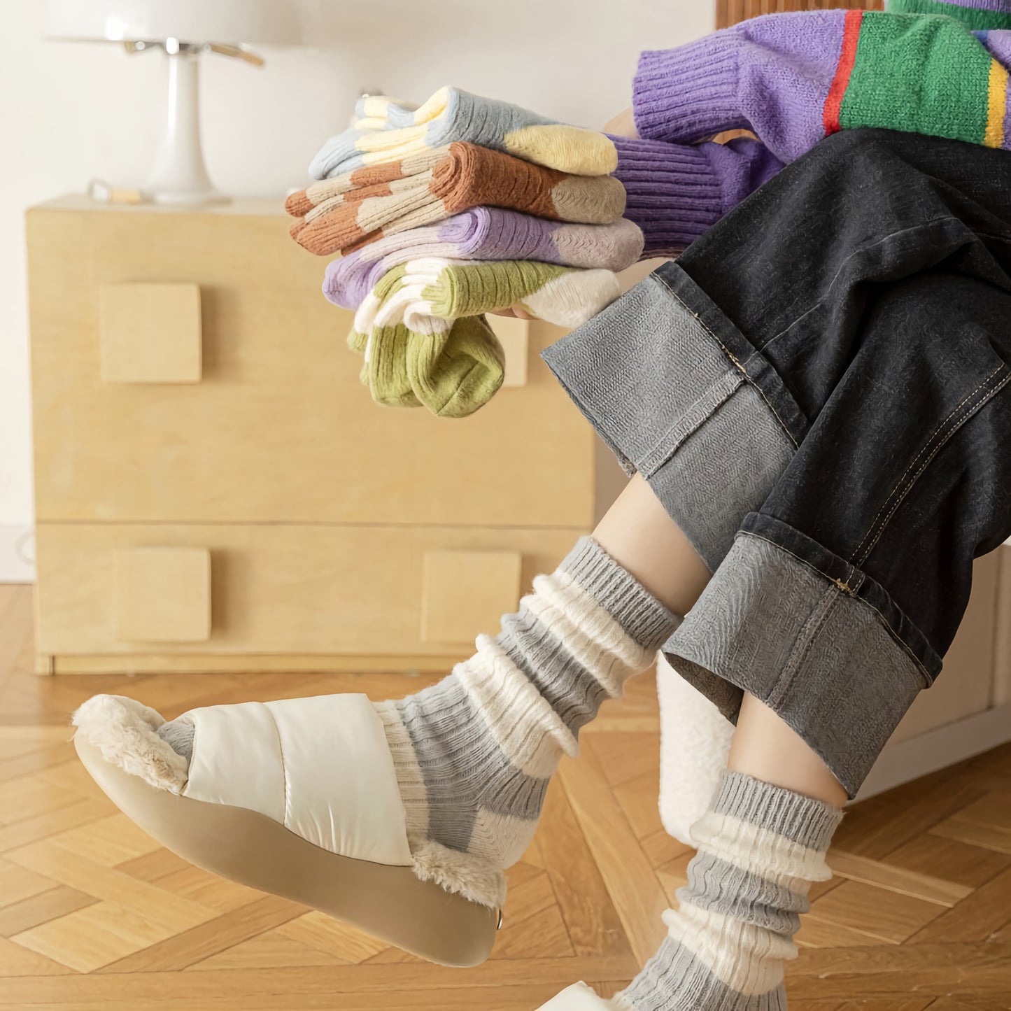 2-Pack Striped Warm Socks: Cozy Knitted Wool Crew Comfort