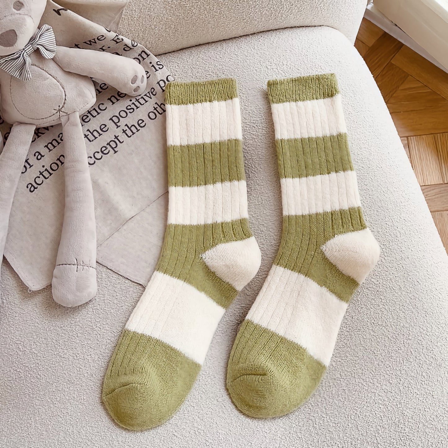 2-Pack Striped Warm Socks: Cozy Knitted Wool Crew Comfort