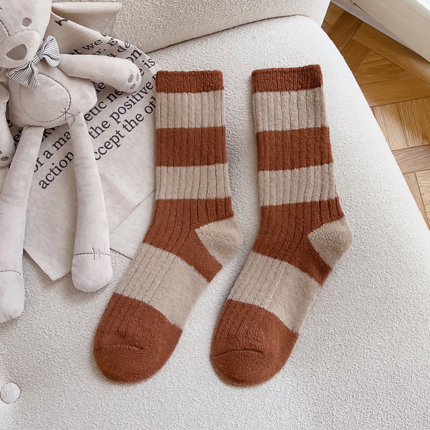 2-Pack Striped Warm Socks: Cozy Knitted Wool Crew Comfort