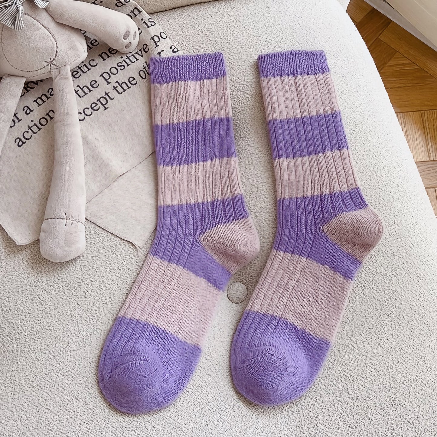 2-Pack Striped Warm Socks: Cozy Knitted Wool Crew Comfort