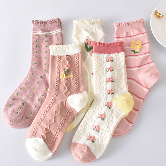 5-Pack The Sweetest Pink Cotton Socks - Women's Versatile Socks with Floral Trim