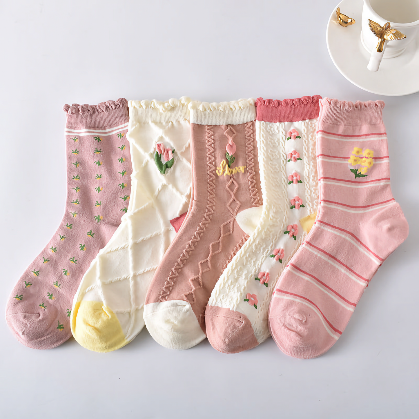 5-Pack The Sweetest Pink Cotton Socks - Women's Versatile Socks with Floral Trim