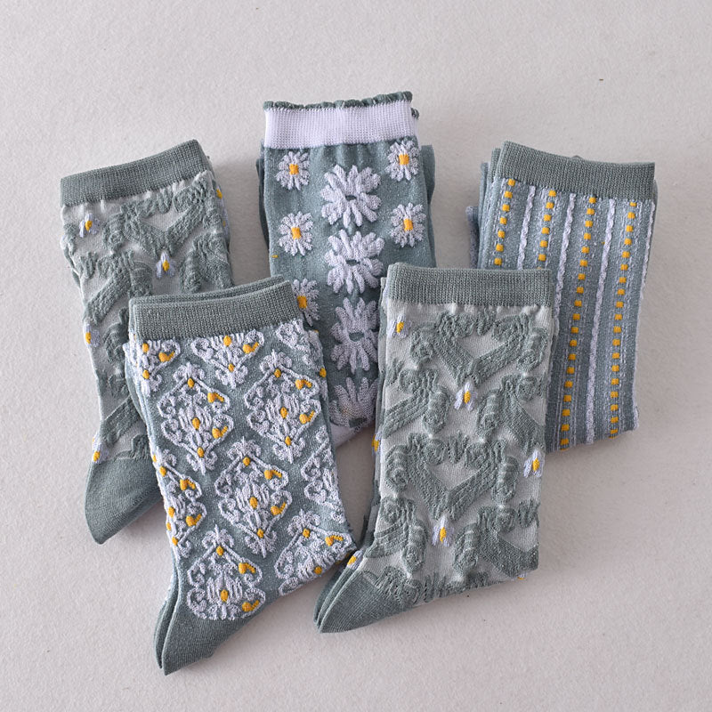 5-Pack Blue Floral Socks: Vintage Knitted Crew Elegance for Women