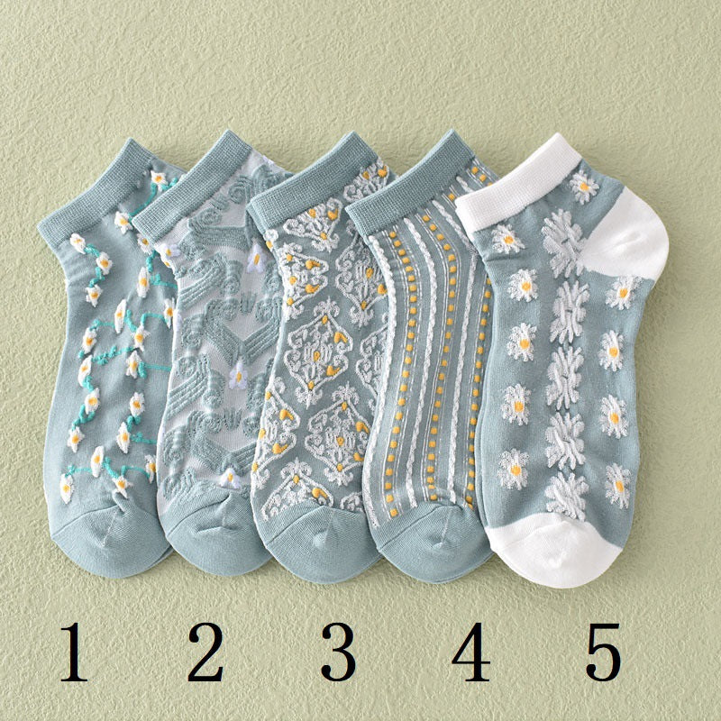2-Pack Blue Floral Ankle Socks: Vintage Knitted Low Cut Elegance