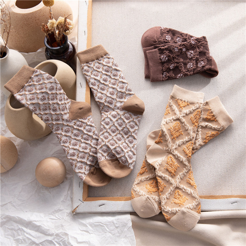 2-Pack Vintage Brown Floral Socks - Knitted Cotton Dainty Socks