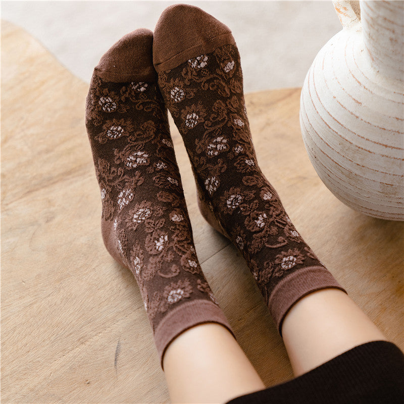 2-Pack Vintage Brown Floral Socks - Knitted Cotton Dainty Socks
