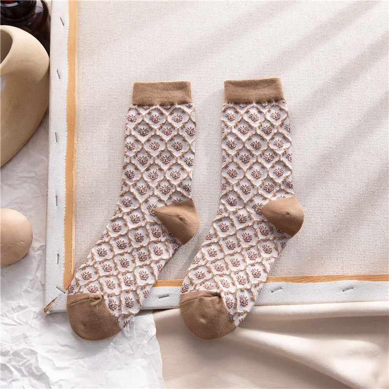 2-Pack Vintage Brown Floral Socks - Knitted Cotton Dainty Socks