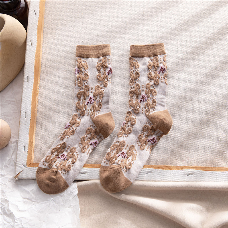2-Pack Vintage Brown Floral Socks - Knitted Cotton Dainty Socks