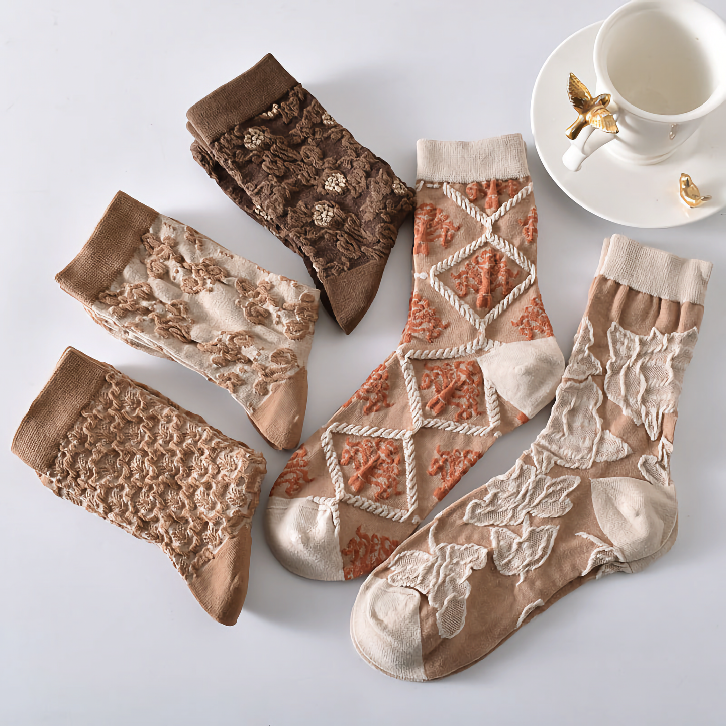 5-Pack Women’s Vintage Floral Cotton Socks – Brown Shades