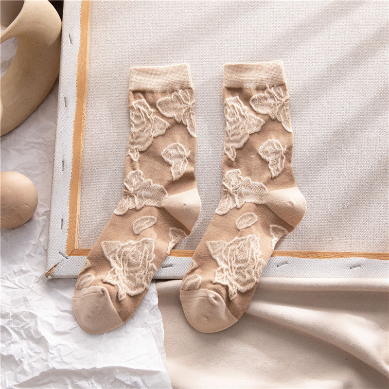2-Pack Vintage Brown Floral Socks - Knitted Cotton Dainty Socks