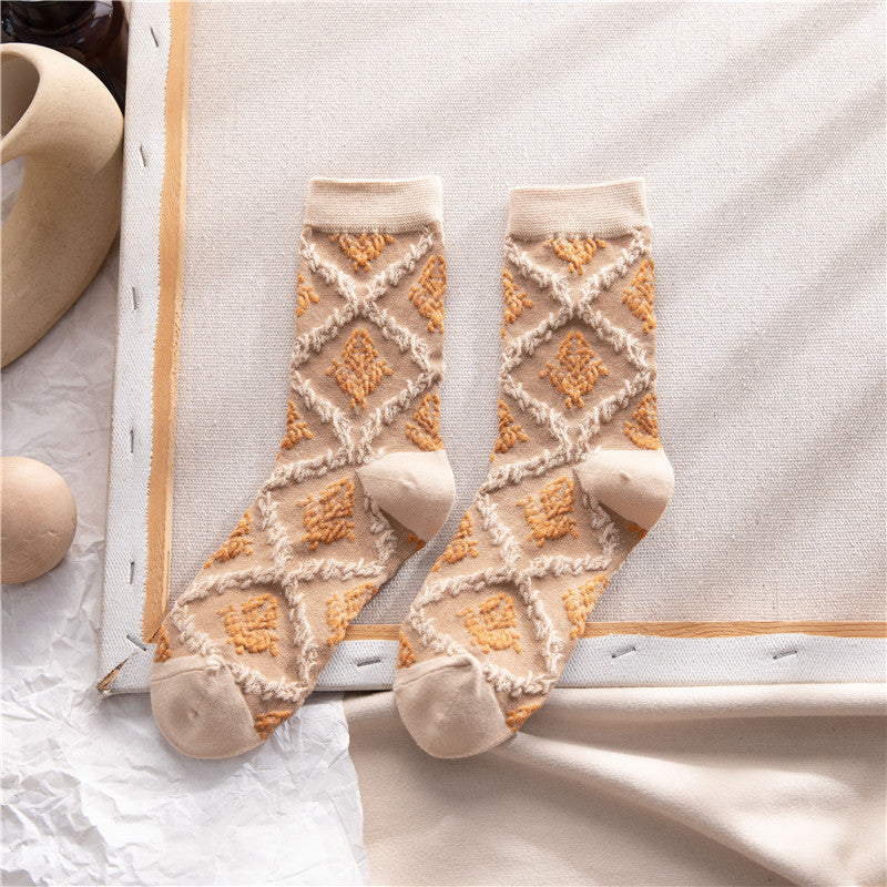2-Pack Vintage Brown Floral Socks - Knitted Cotton Dainty Socks
