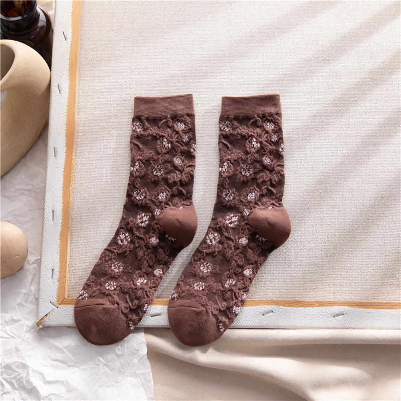 2-Pack Vintage Brown Floral Socks - Knitted Cotton Dainty Socks