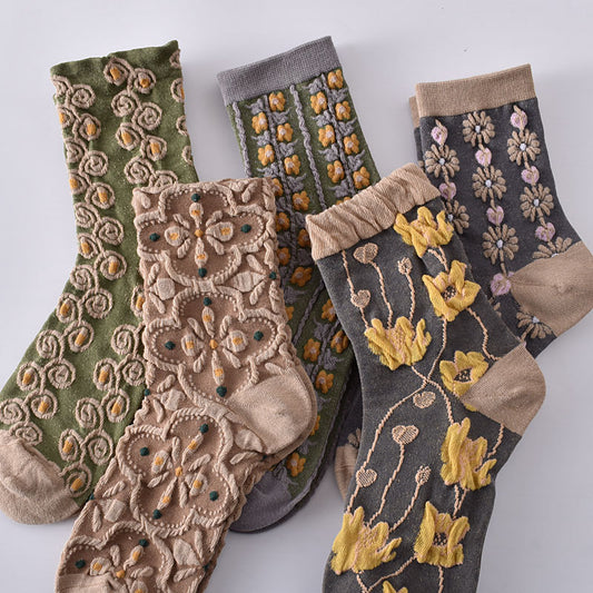 5-Pack Vintage Floral Socks: Premium Knitted Cotton Crew Comfort