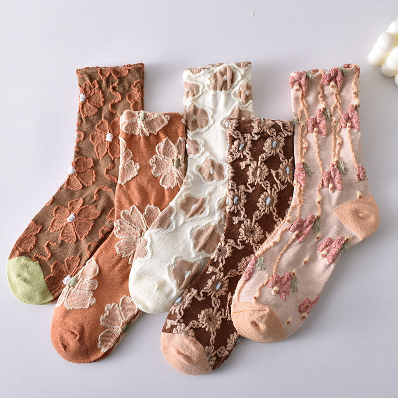 5-Pack Bestseller: Women's Vintage Floral Knitted Cotton Crew Socks