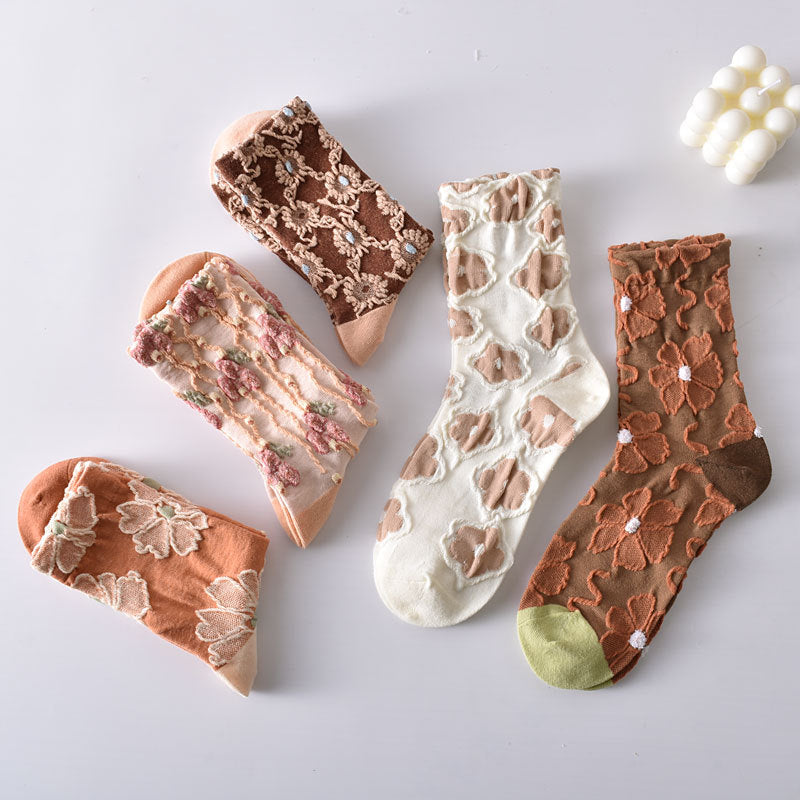 5-Pack Bestseller: Women's Vintage Floral Knitted Cotton Crew Socks