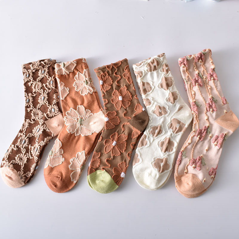5-Pack Bestseller: Women's Vintage Floral Knitted Cotton Crew Socks