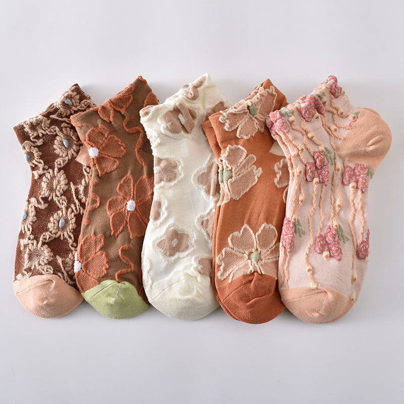5-Pack Vintage Floral Ankle Socks: Premium Low Cut Cotton Comfort
