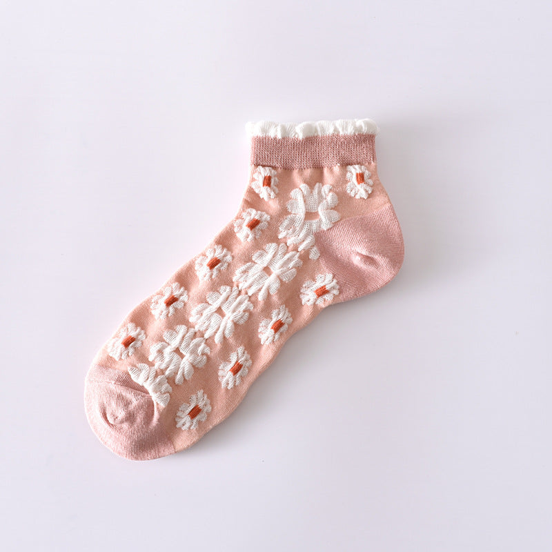 2-Pack Pink Flower Ankle Socks: Vintage Knitted Low Cut Elegance for Women