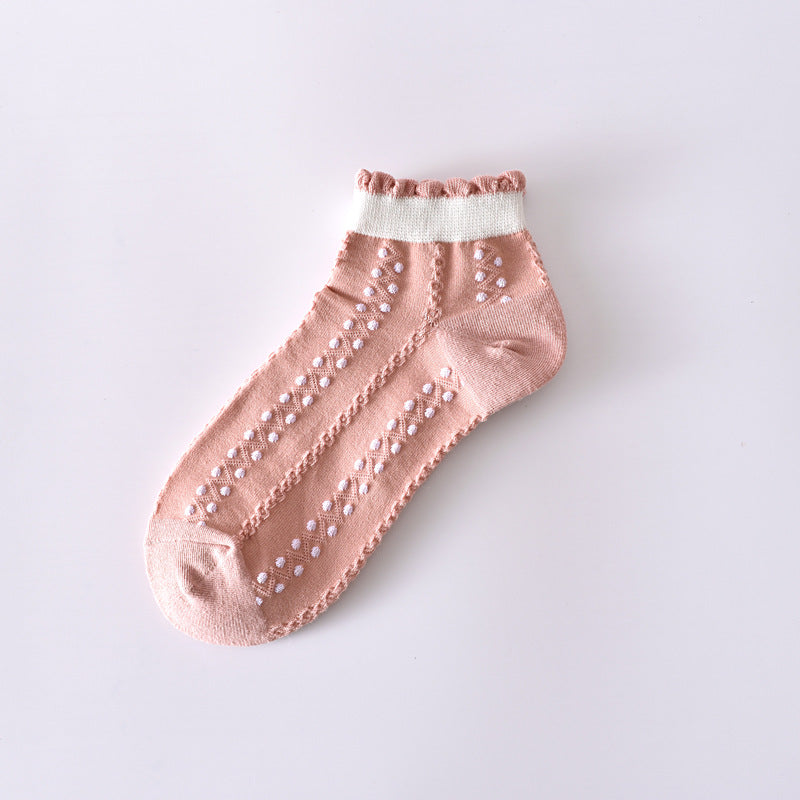 2-Pack Pink Flower Ankle Socks: Vintage Knitted Low Cut Elegance for Women