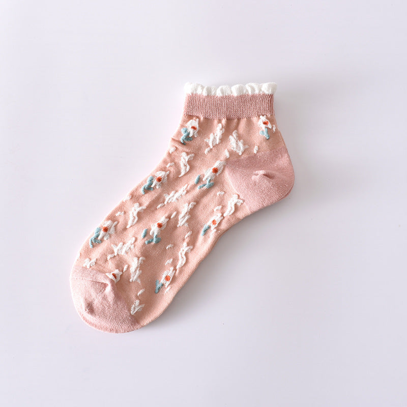 2-Pack Pink Flower Ankle Socks: Vintage Knitted Low Cut Elegance for Women