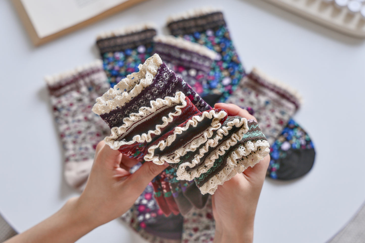 2-Pack Women's Vintage Floral Socks - Lace Trim, Soft & Elegant