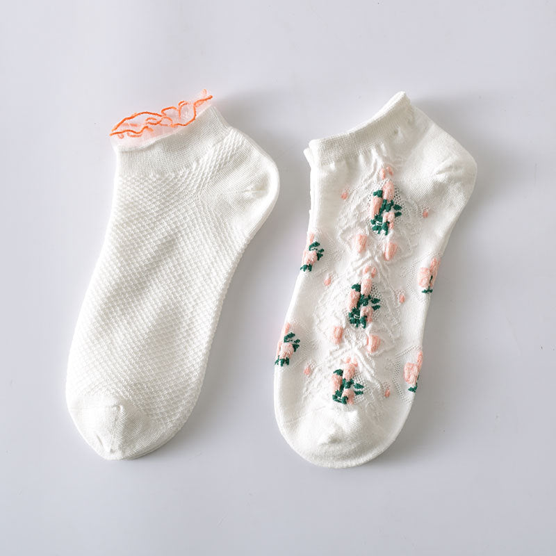 5-Pack White Floral Ankle Socks: Premium Low Cut Cotton Comfort