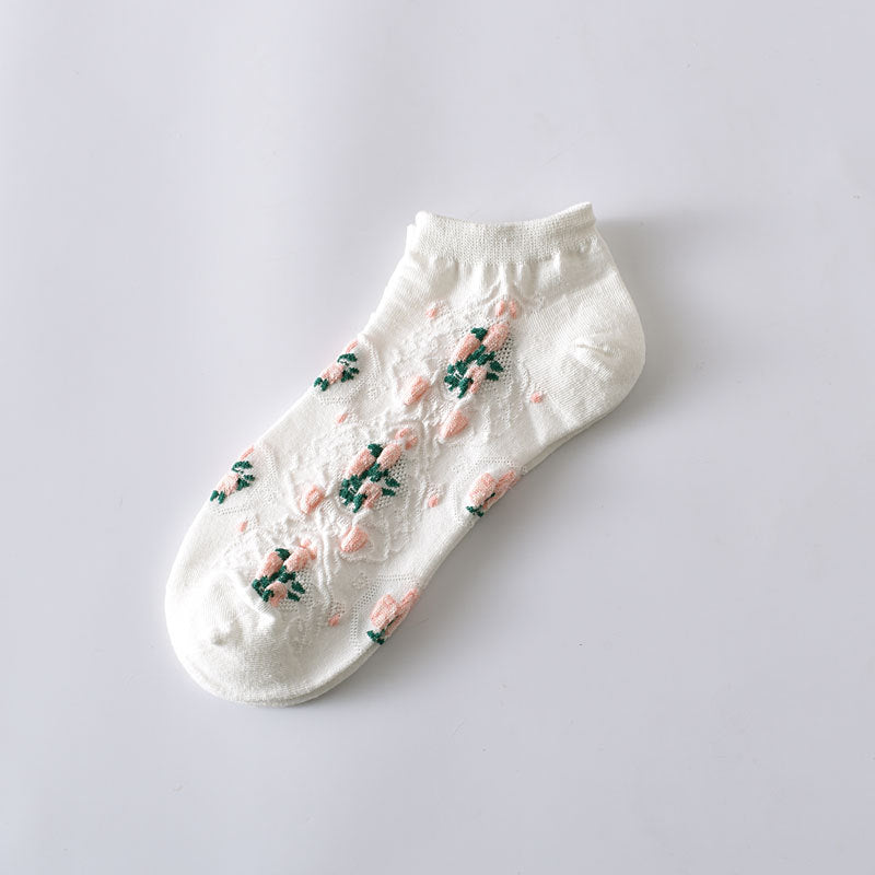 5-Pack White Floral Ankle Socks: Premium Low Cut Cotton Comfort