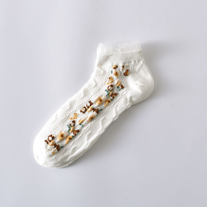 5-Pack White Floral Ankle Socks: Premium Low Cut Cotton Comfort