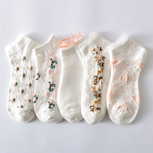 5-Pack White Floral Ankle Socks: Premium Low Cut Cotton Comfort