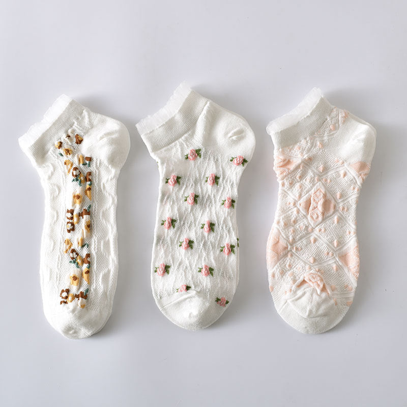 5-Pack White Floral Ankle Socks: Premium Low Cut Cotton Comfort