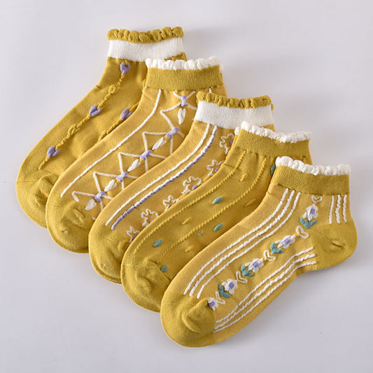 5-Pack Yellow Ankle Socks: Premium Knitted Cotton Low Cut Comfort