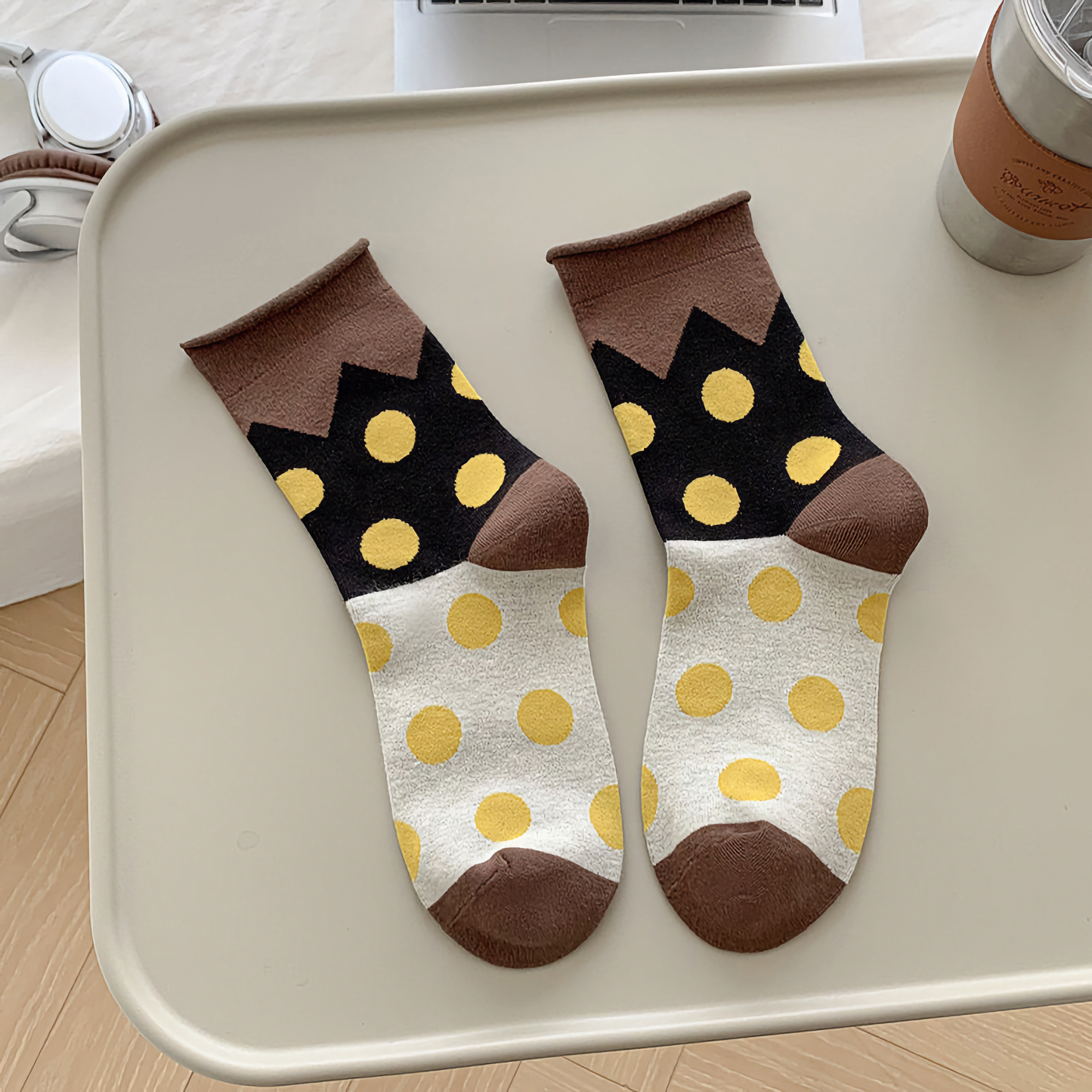 2-Pack All-Season Polka Dot Cotton Socks - Trendy Rolled Cuff Style