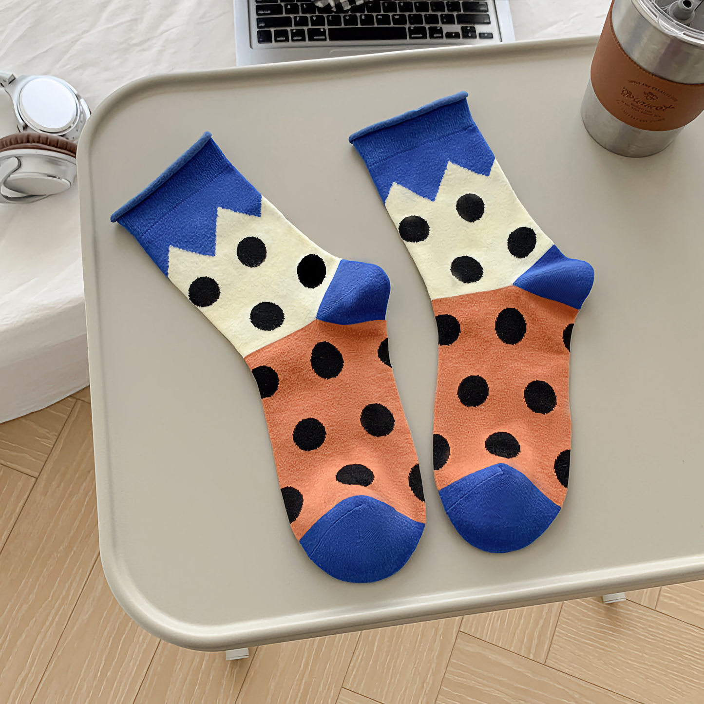 2-Pack All-Season Polka Dot Cotton Socks - Trendy Rolled Cuff Style