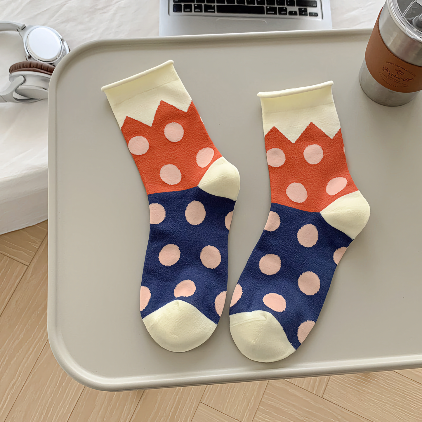 2-Pack All-Season Polka Dot Cotton Socks - Trendy Rolled Cuff Style