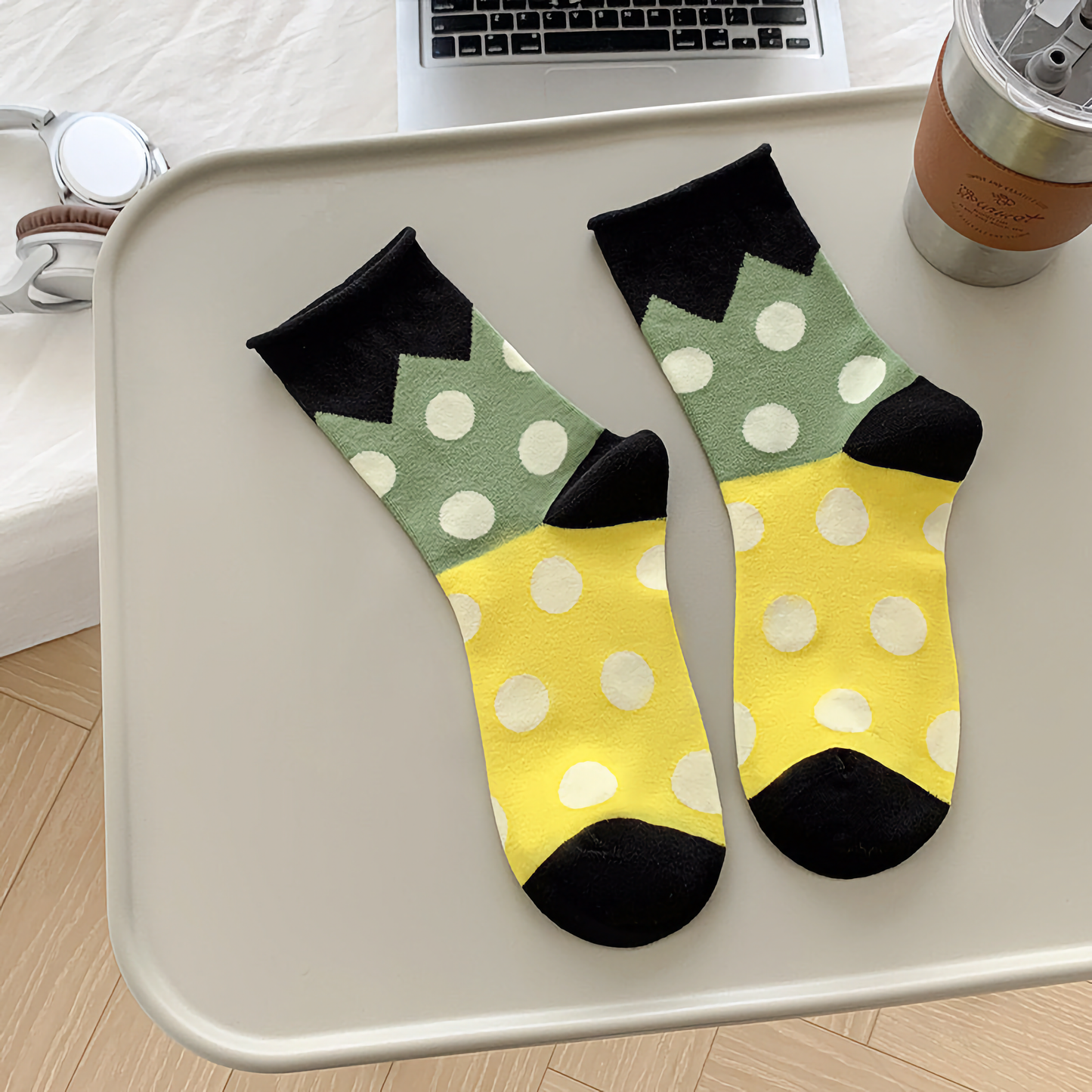 2-Pack All-Season Polka Dot Cotton Socks - Trendy Rolled Cuff Style