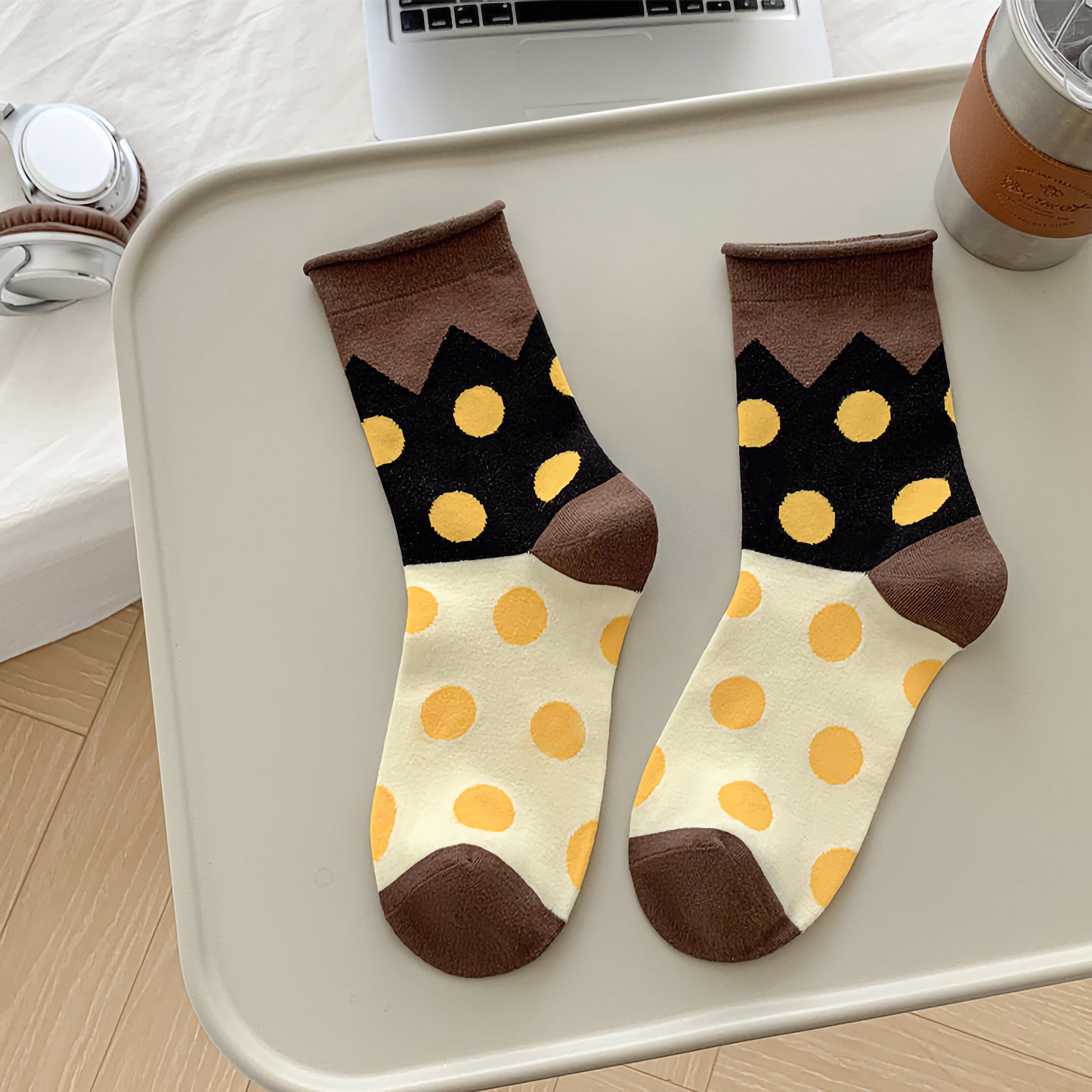 2-Pack All-Season Polka Dot Cotton Socks - Trendy Rolled Cuff Style