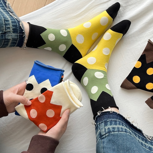 2-Pack All-Season Polka Dot Cotton Socks - Trendy Rolled Cuff Style