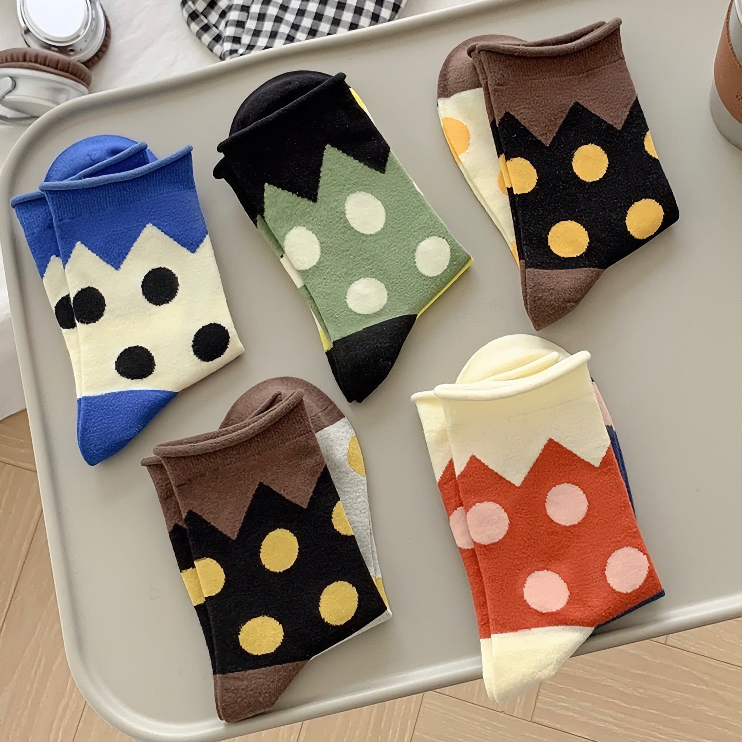 2-Pack All-Season Polka Dot Cotton Socks - Trendy Rolled Cuff Style