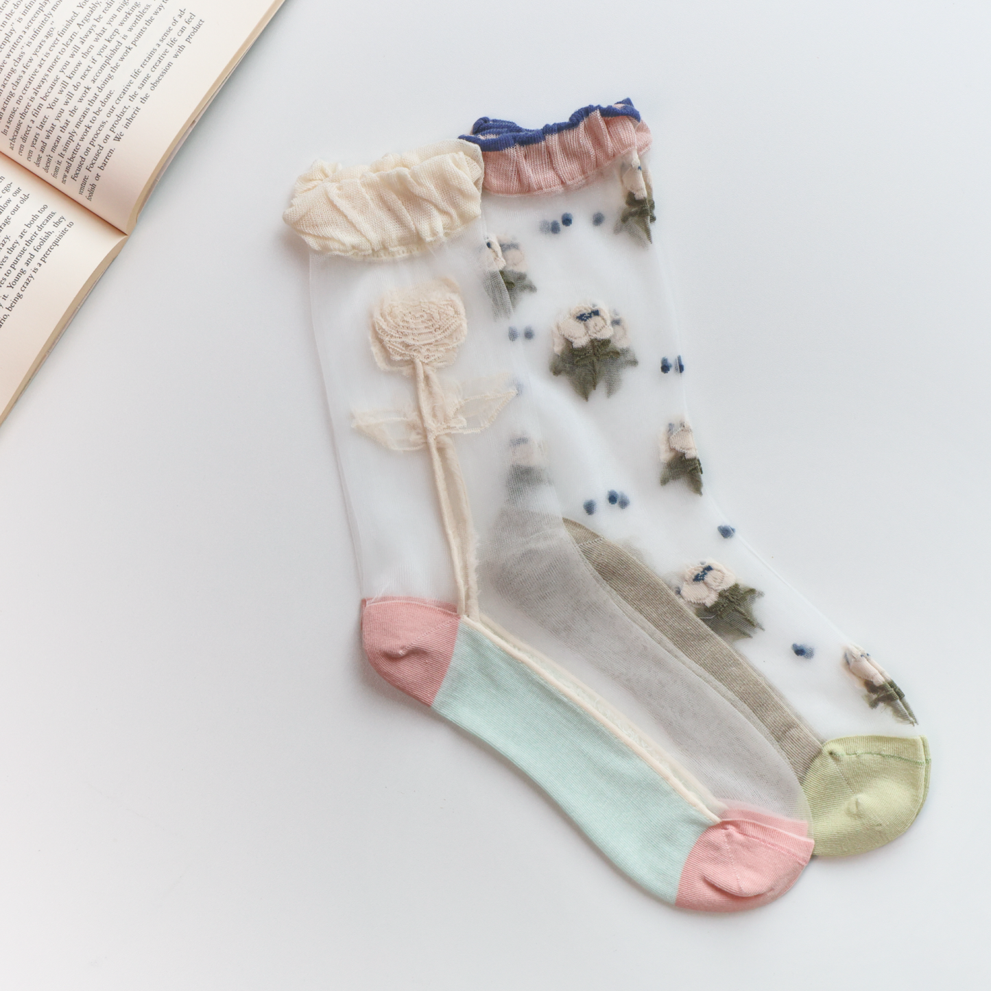 2-Pack Floral Sheer Socks for Women – Breathable Crew Style