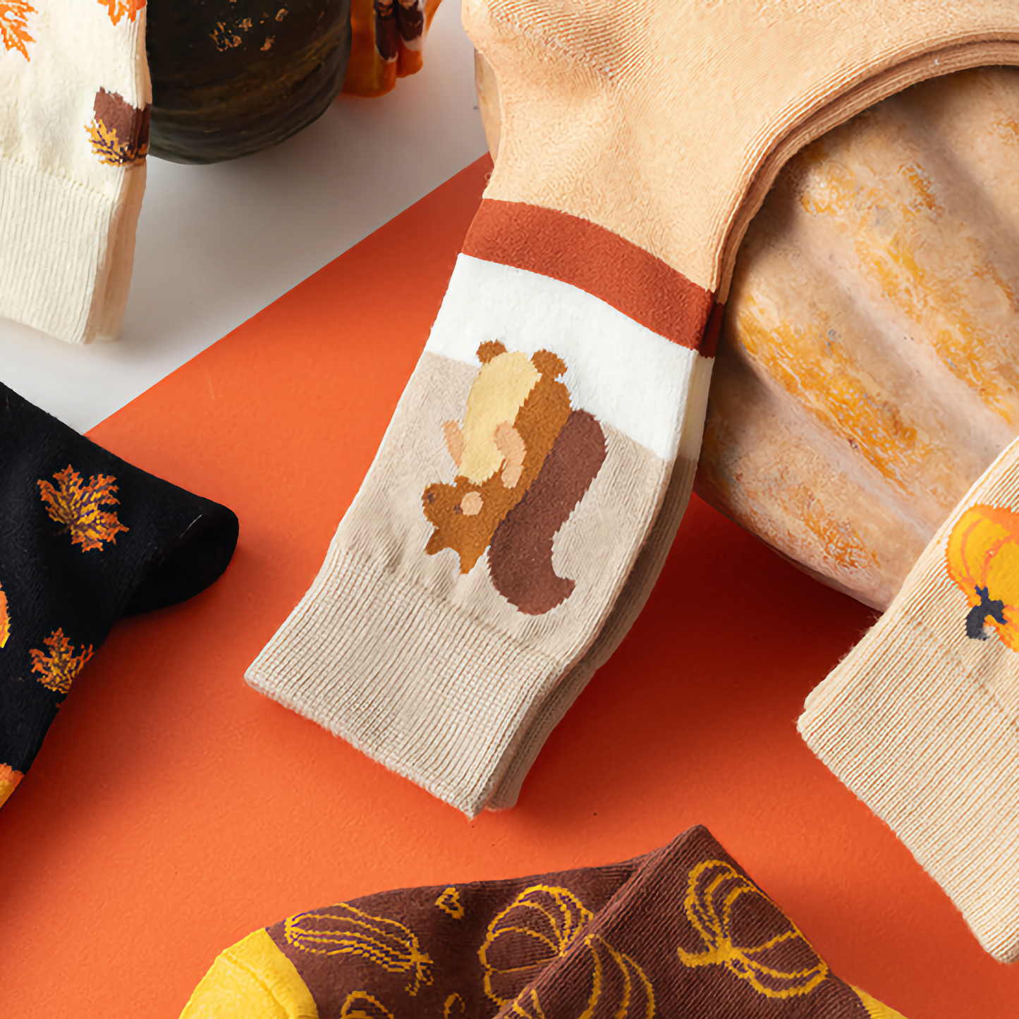 2-Pack Unisex Halloween Cotton Crew Socks - Pumpkin & Squirrel Design
