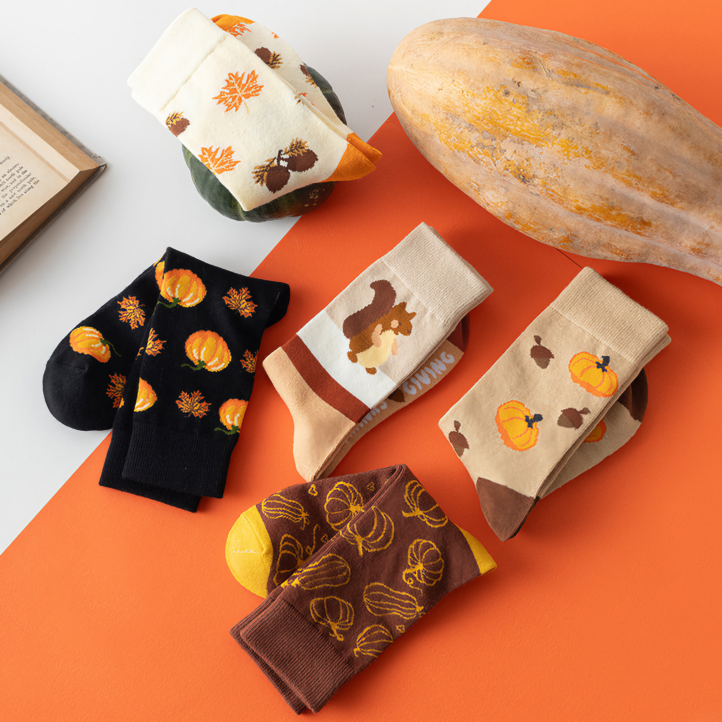 2-Pack Unisex Halloween Cotton Crew Socks - Pumpkin & Squirrel Design