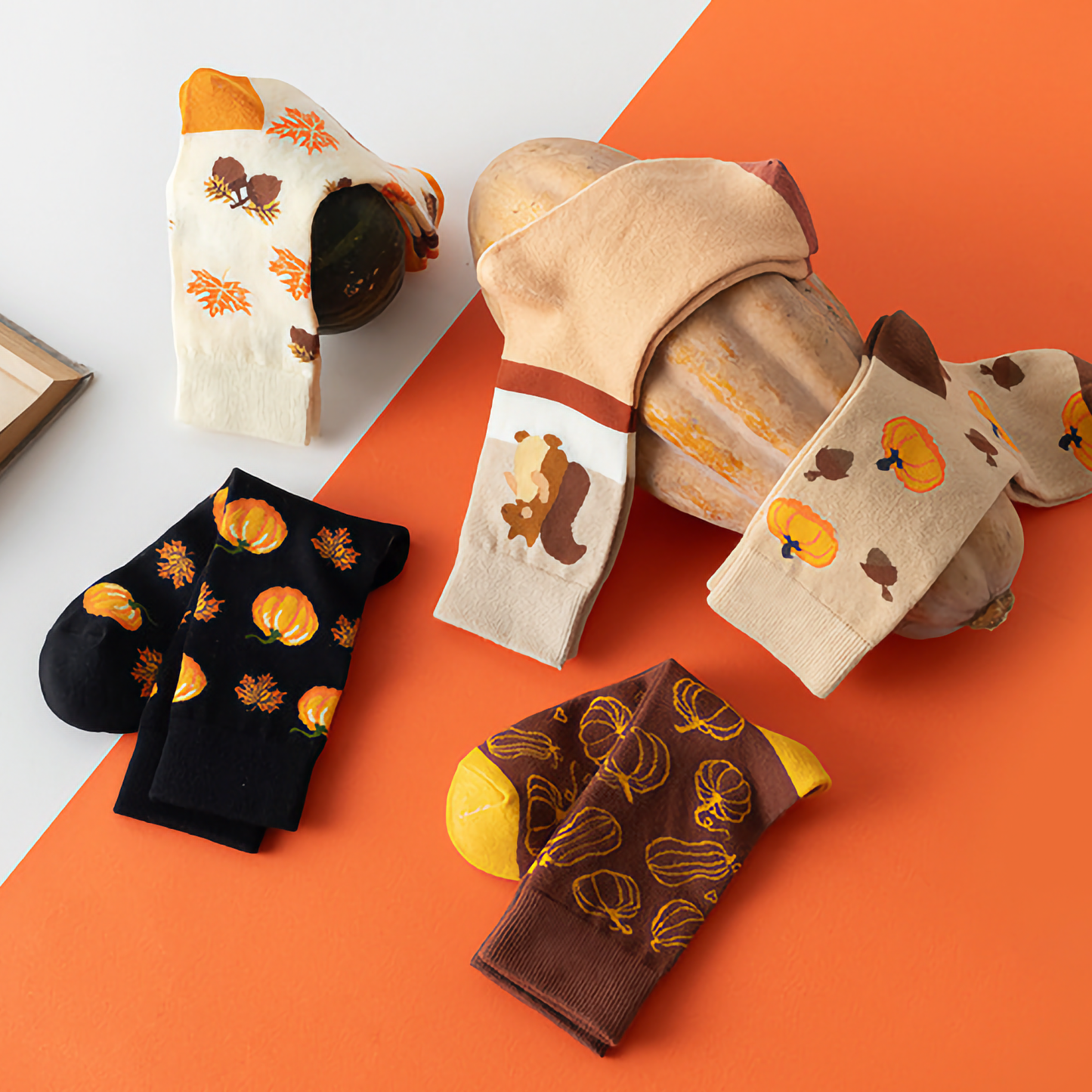 2-Pack Unisex Halloween Cotton Crew Socks - Pumpkin & Squirrel Design