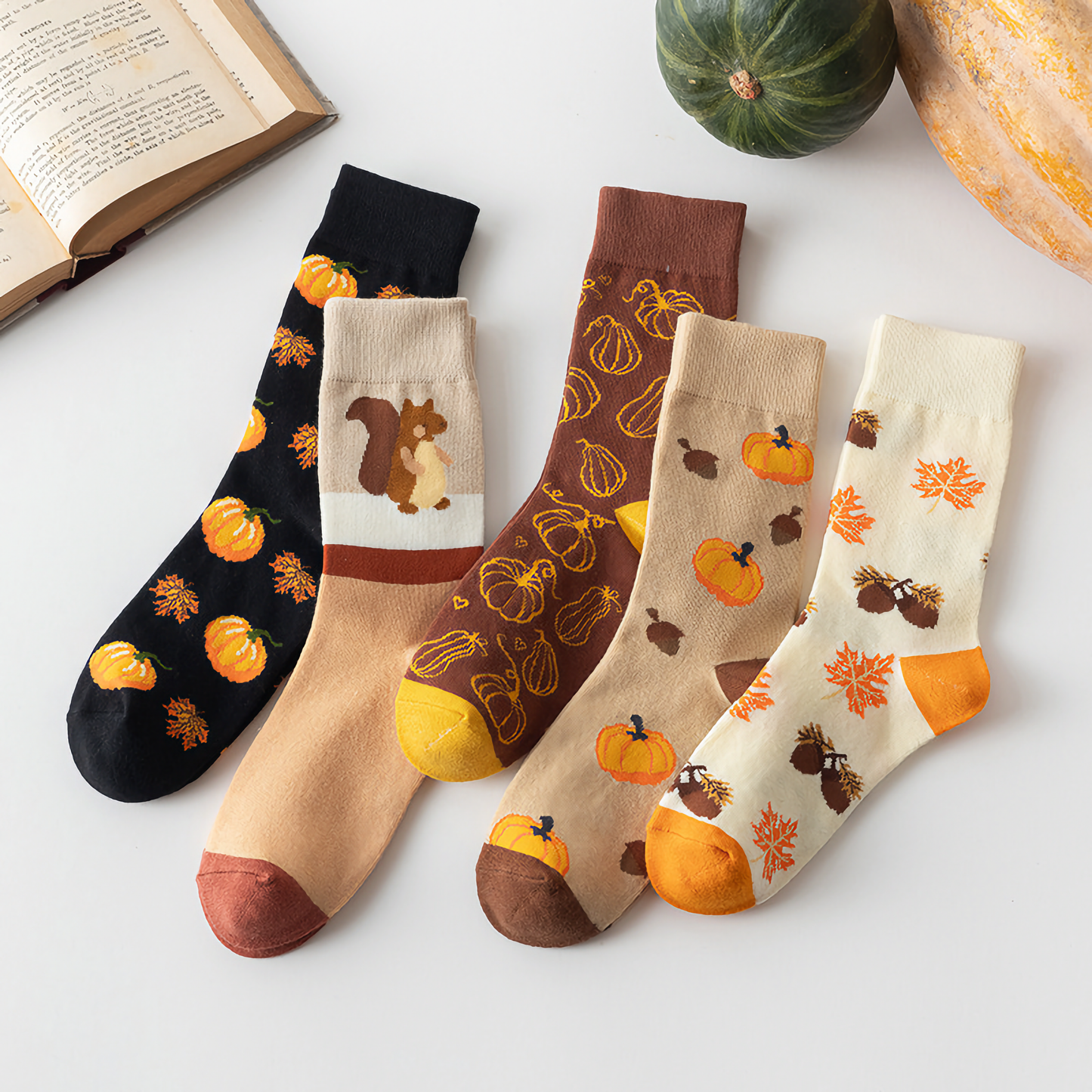 2-Pack Unisex Halloween Cotton Crew Socks - Pumpkin & Squirrel Design