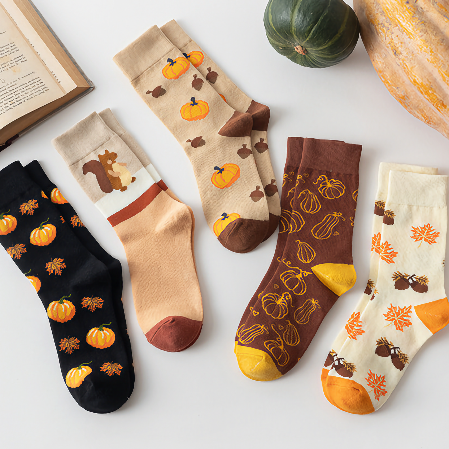 2-Pack Unisex Halloween Cotton Crew Socks - Pumpkin & Squirrel Design
