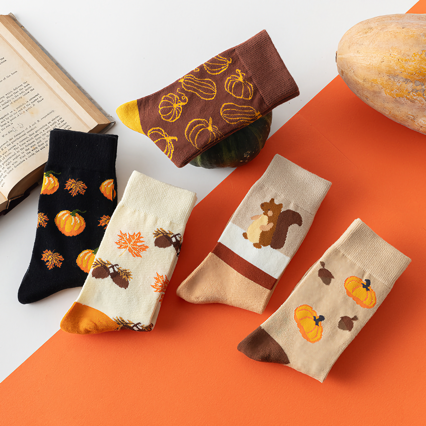 2-Pack Unisex Halloween Cotton Crew Socks - Pumpkin & Squirrel Design