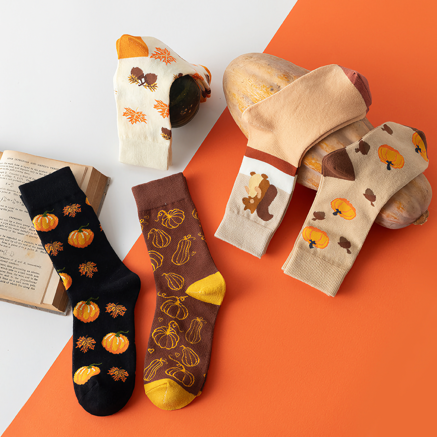 2-Pack Unisex Halloween Cotton Crew Socks - Pumpkin & Squirrel Design